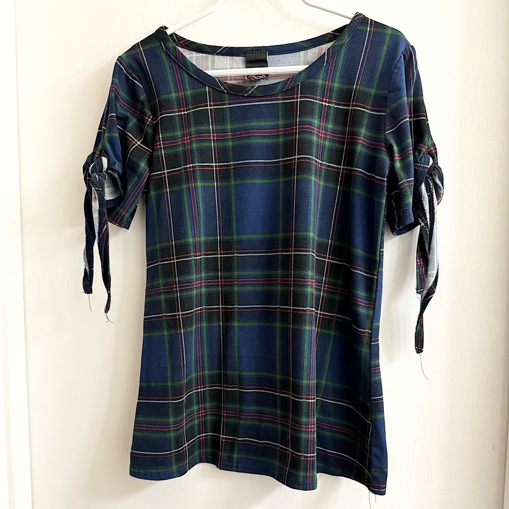 Pinc Navy Plaid Tie Sleeve Top Girls size Large (10/12)